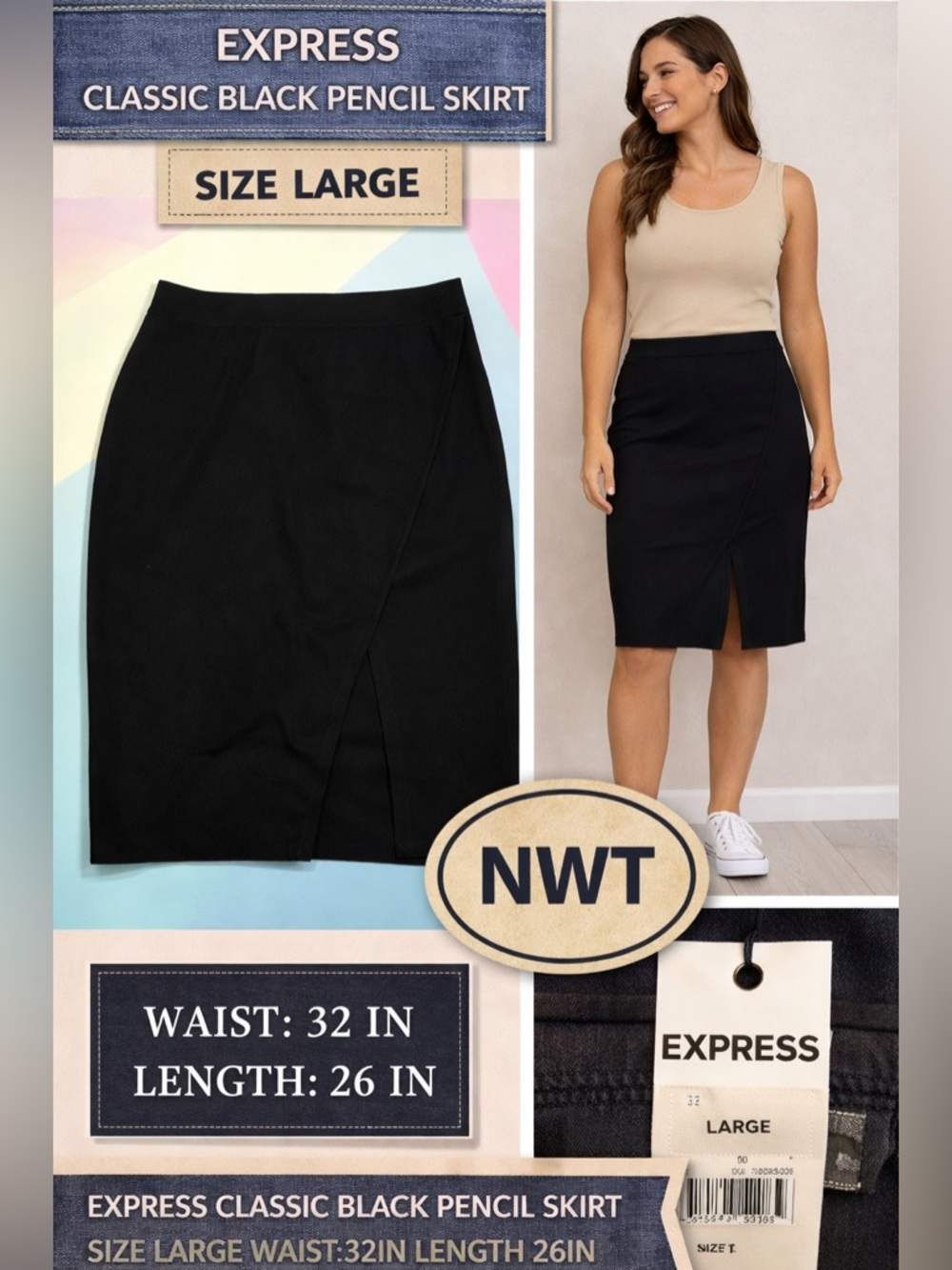 Express Classic Black Pencil Skirt size LARGE waist 32in length 26in NWT